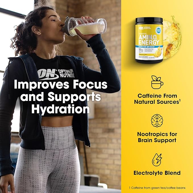Optimum Nutrition Amino Energy Powder Plus Focus with BCAA Electrolytes and Caffeine Pineapple Twist 30 Servings (Packaging May Vary)