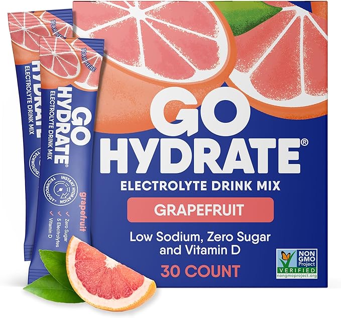 GoHydrate Low Sodium Electrolytes Powder Packets Sugar Free - Instant Hydration Daily Drink Mix - Zero Sugar Water Flavor Packet Singles with Vitamin D - (Grapefruit 30 Packs)