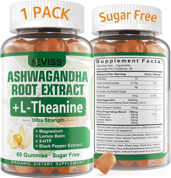 NEVISS Ashwagandha Gummies 2000mg Feel Refreshed Plus Proprietary Blend with 5-HTP L-Theanine Lemon Balm Magnesium for Calm Zzzs Mood Energy &amp Relaxation Support (1 Pack (60 Countss))