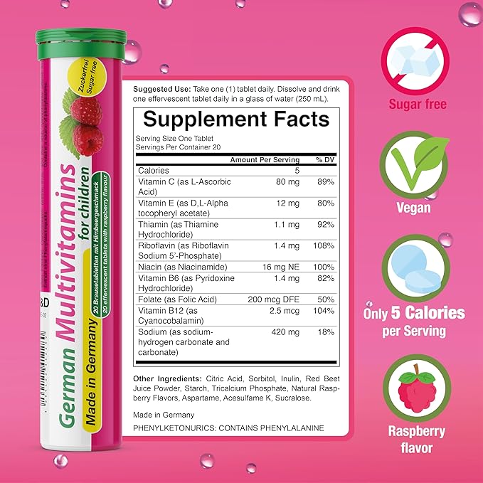T&ampD German Multivitamin for Children 60 Drink Effervescent Tablets - Sweet Raspberry Flavour Sugar Free Vegan - Vitamin C E B1 B2 B6 B12 Folic Acid Niacin Pharma – Made in Germany