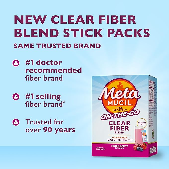 Metamucil Fiber Supplement Clear Mixing Fiber Powder Stick Packs Mixed Berry Flavor On The go Plant Based Prebiotic Fiber Supplement Blend for Daily Digestive Health 21 Stick Packs