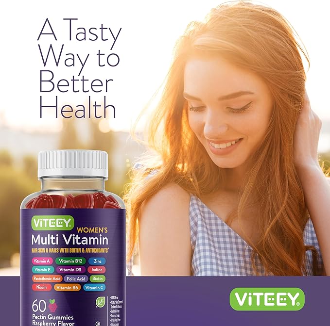 Viteey Womens Multivitamin Gummies - Immune Support - 12 in 1 Essential Vitamins &amp Minerals - Vitamin A C D3 E B6 B12 Folic Acid Biotin Calcium Zinc &amp More - Vegetarian - Raspberry Fl
