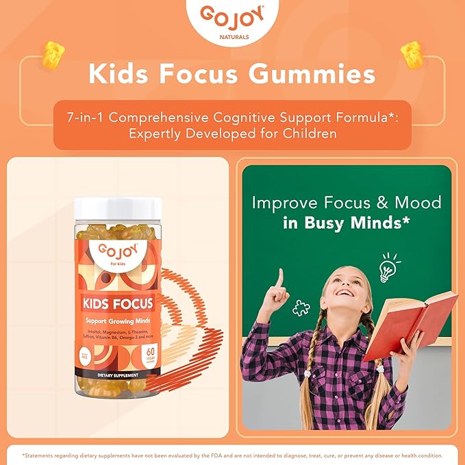 Kids Focus Gummies – Saffron Magnesium Glycinate L-Theanine &amp Inositol Supplement for Kids &amp Teens – Focus Attention &amp Calm – Vegan Sugar-Free Non-GMO