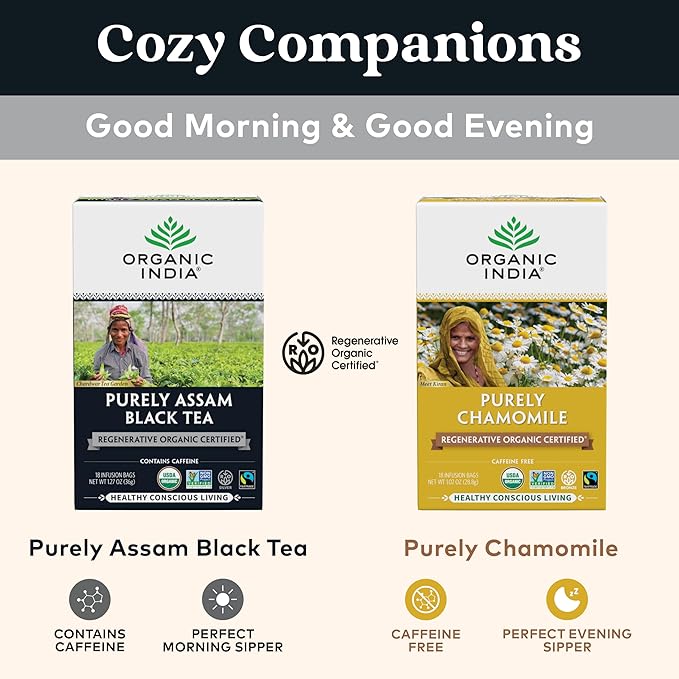 Organic India Purely Assam Black Tea - Caffeinated Herbal Tea Bags with Natural Assam Leaves Enjoy with Milk &amp Sweetener USDA Organic Non-GMO Fairtrade Certified - 18 Bags (Pack of 3)
