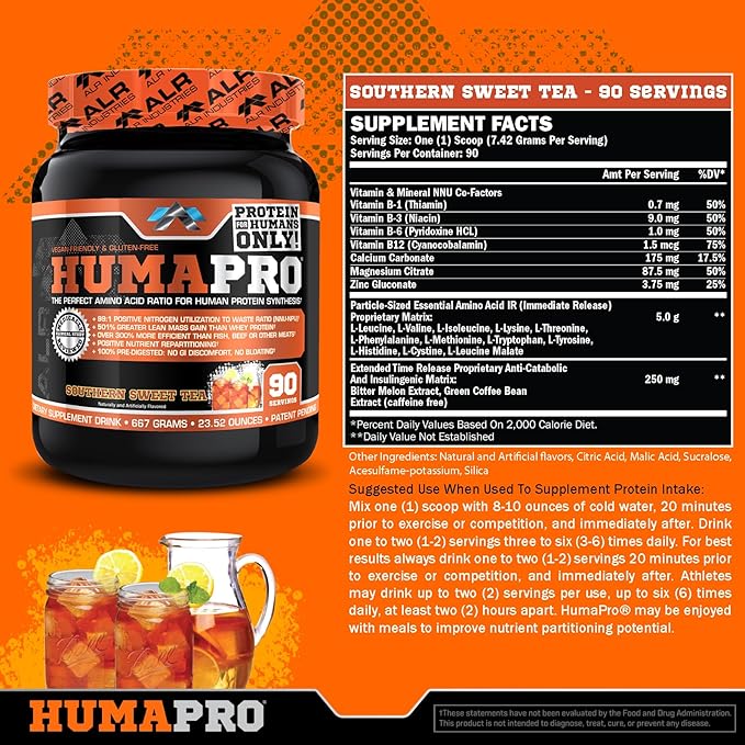 Humapro | Amino Acids Protein Matrix for Humans | 99% Utilization for Lean Muscle | Vegan Gluten Free | 667g / 90 Servings (Southern Sweet Tea)