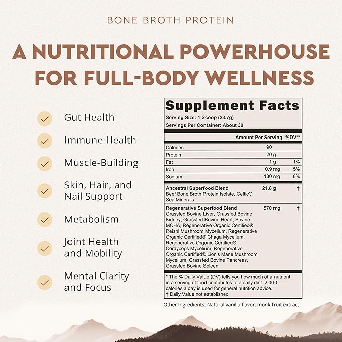 Ancestral Supplements Grass Fed Protein Powder Vanilla Beef Bone Broth Based with Beef Organs &amp Organic Mushrooms Gut Health Support High Protein Supplement 20g Protein Per Serving 30 Day Su