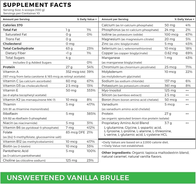 Vegan Elemental Shake – Powdered Blend Natural Ingredients Non-GMO Gluten-Free Organic Sprouted Rice Protein - Smooth Easily Mixable Formula (2.2 lbs Unsweetened Vanilla Brulée)