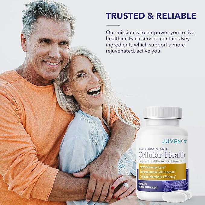 Juvenon Cellular Health | Heart Brain Supplement with Acetyl L-Carnitine and Biotin - Supports NAD+ Function Energy Production Mood Revitalized Metabolism Mental Focus &amp Clarity (60 Tablets)