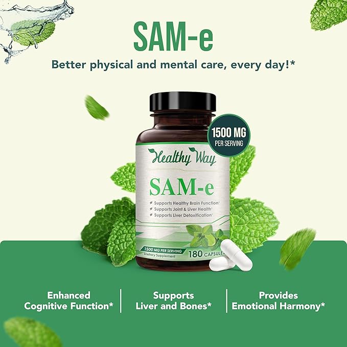 1500mg SAM-e Supplement - High Strength S-Adenosyl-L-Methionine Capsules 1500mg per Serving for Brain Liver and Mood Support - Non-GMO High Absorption Same Supplement (60 Servings)