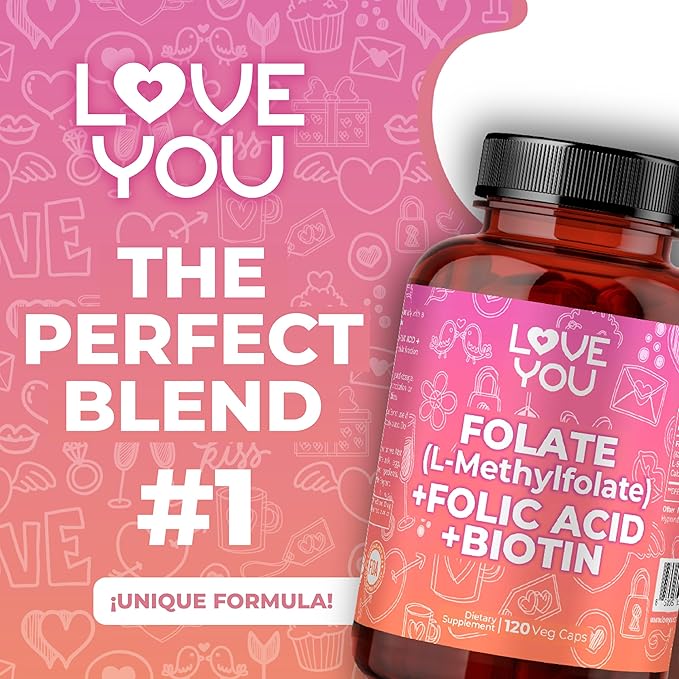 Love You Folate (L-Methylfolate) + Folic Acid + Biotin 10000 mcg - Vitamin B9 &amp B7 Blend for Cellular Function Energy &amp Wellbeing - 120 Vegan Caps
