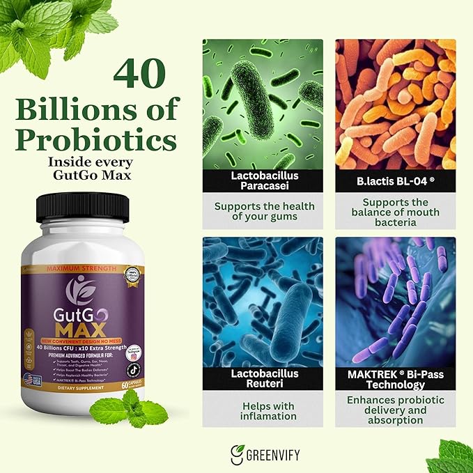 GutGo Max Probiotic Supplement 40 Billion CFU 60 Capsules Maximum Strength Gluten Free Sugar Free (1)