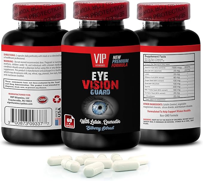 Turmeric Root - Eye Vision Guard - Lutein Grape Bilberry Fruit Quercetin Dihydrate Taurine Milk Thistle L-Glutathione Turmeric Root Grape Bilberry Fruit 2 Bottles 120 Capsules