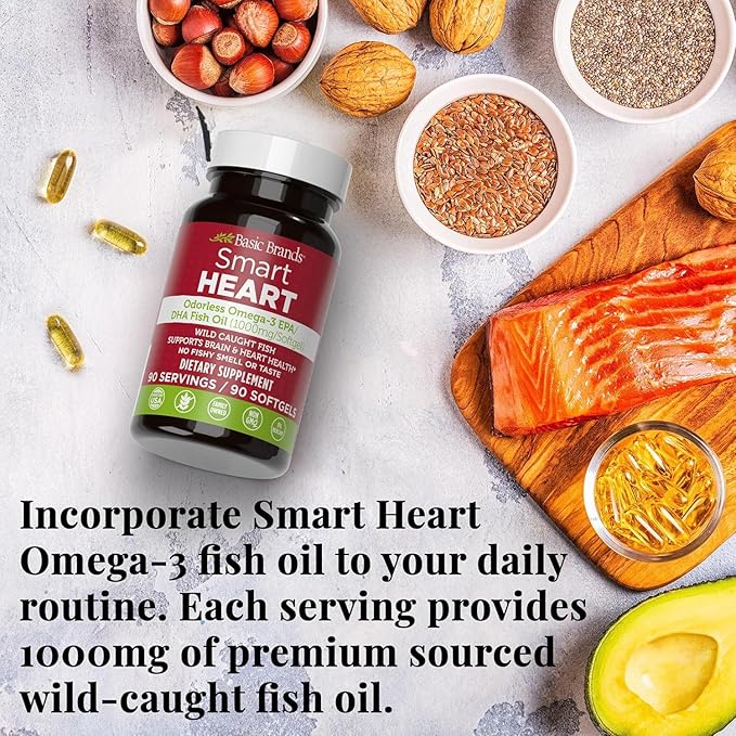 Basic Brands Smart Heart Odorless Omega-3 Fish Oil 1000mg - Triple Strength EPA &amp DHA Non-GMO Heart &amp Cognitive Support - 90 Burpless Softgels - 2-Pack