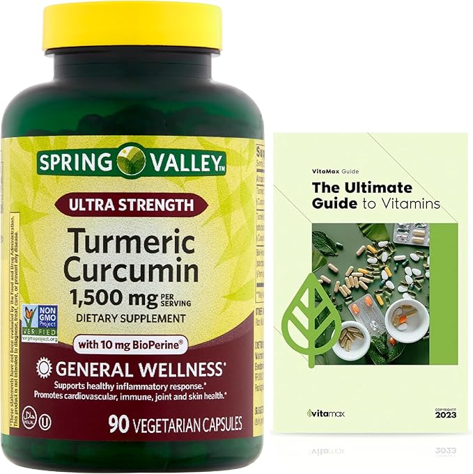 Generic Spring Valley Ultra Strength Turmeric Curcumin Dietary Supplement (Turmeric Curcumin 1500 mg 90 Capsules) + Exclusive Vitamax Vitamin Guide (2 Items)