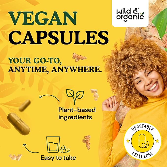 Wild &amp Organic Turmeric and Ginger Supplement Capsules - Mobility &amp Immune Support - Ginger Turmeric Capsules with Black Pepper - 60 Days of Supply - Vegan No Fillers Non-GMO - 120 Count