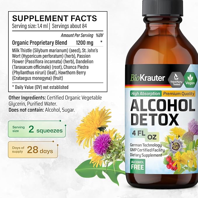 BIO KRAUTER® 6-in-1 Alcohol Detox - Vegan Liver Support Supplement - Milk Thistle Dandelion Root Chanca Piedra Hawthorn Berry 1200 mg per Serving 4 Fl.Oz. 56-Day Supply Alcohol &amp Sugar Free