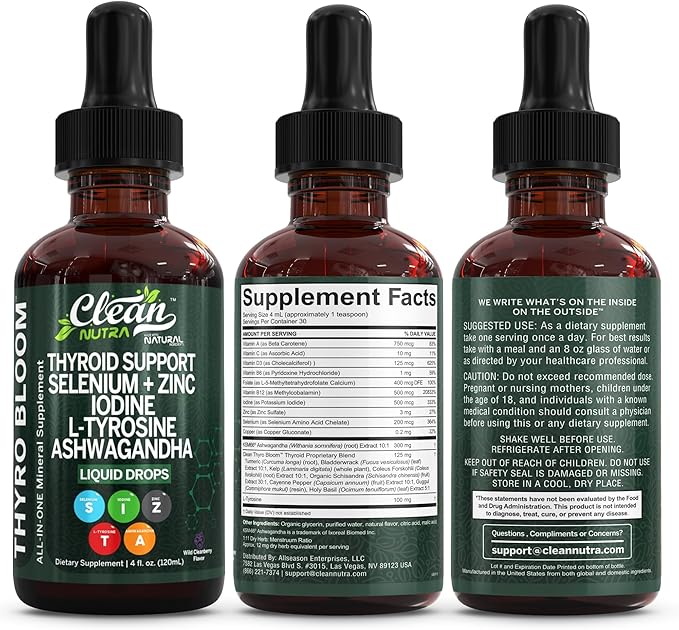 ThyroBloom Thyroid Support for Women Liquid Drops Iodine L-Tyrosine Selenium Copper Ashwagandha Zinc Kelp Bladderwrack Schisandra Guggul Turmeric Vitamin A D3 B12 Folate Supplement by Clean Nutra 4oz