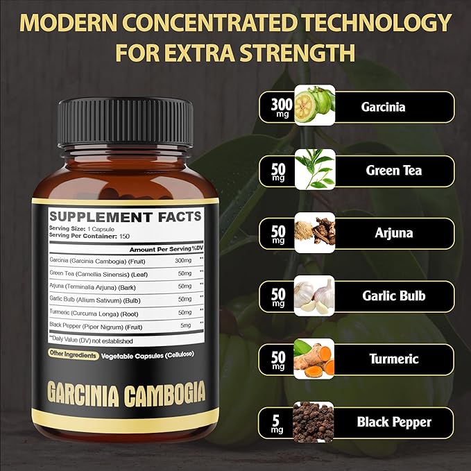 Premium Garcinia Cambogia Capsules with Green Tea Arjuna Garlic Turmeric Black Pepper - Body Health &amp Immune Support Supplement - 1 Pack 150 Caps for 5 Months