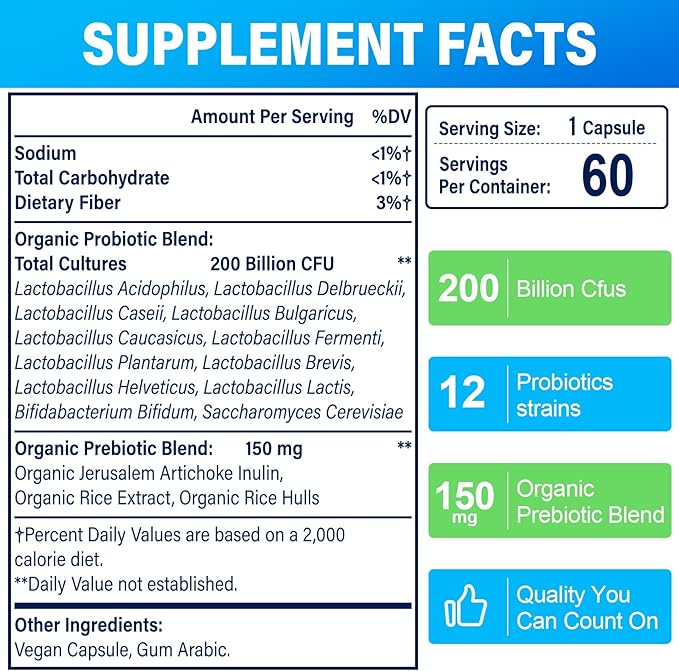 200 Billion Cfus 12 Strains Probiotic with 3 Organic Prebiotics Probiotics for Women Men Daily Supplement for Immune Gut Digestive Health Shelf Stable Non GMO 120 Caps (120-Days Supply)