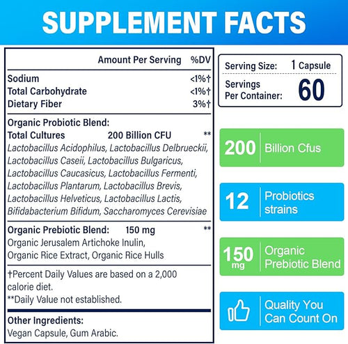 200 Billion Cfus 12 Strains Probiotic with 3 Organic Prebiotics Probiotics for Women Men Daily Supplement for Immune Gut Digestive Health Shelf Stable Non GMO 120 Caps (120-Days Supply)
