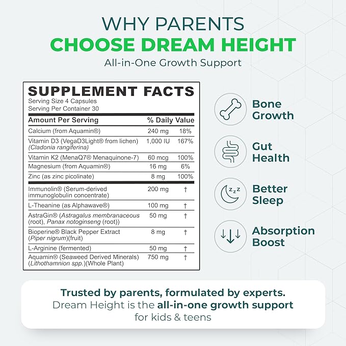 DREAM HEIGHT Natural Growth Supplement Support Bone Strength Immune Sleep Support Clinically Studied Ingredients Physician Reviewed Formula 120 Small Easy Swallow Capsules for Kids &amp Teens