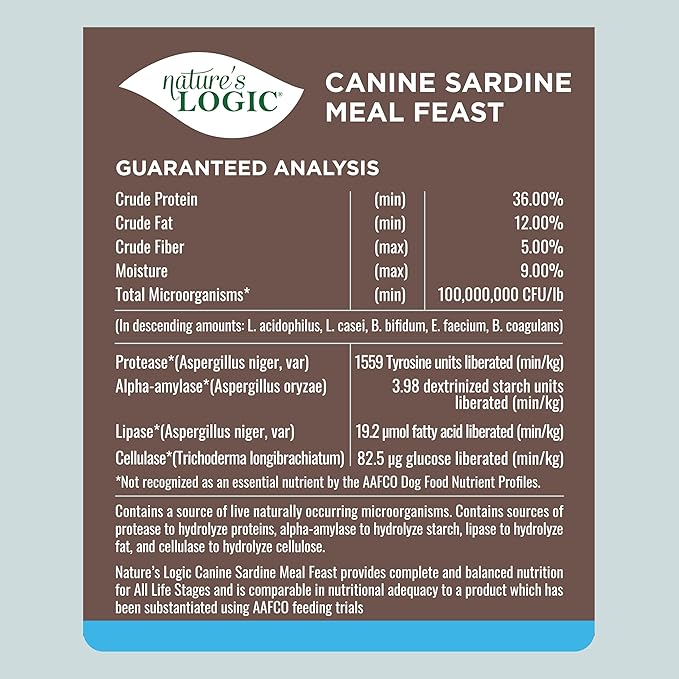 Nature's Logic Dry Dog Food - 100% Natural - No Synthetics - for All Ages Sizes Breeds - Free from Common Allergens High Protein - Sardine Meal Feast 13lbs