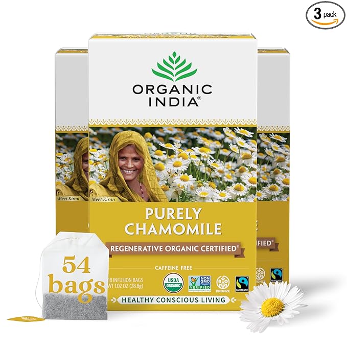 Organic India Purely Chamomile Tea - Regenerative Organic Chamomile Flowers Caffeine Free Calming &amp Relaxing Herbal Tea Natural Support for Sleep &amp Relaxation - 18 Bags Pack of 3