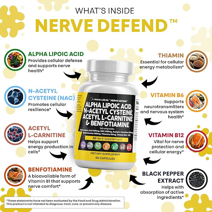 Alpha Lipoic Acid 600mg N-Acetyl Cysteine 600mg Acetyl L-Carnitine 500mg Benfotiamine 300mg - Nerve Support Supplement for Women and Men with Vitamin B1 B6 &amp B12 - Made in USA 90 Caps (Pack of 2)