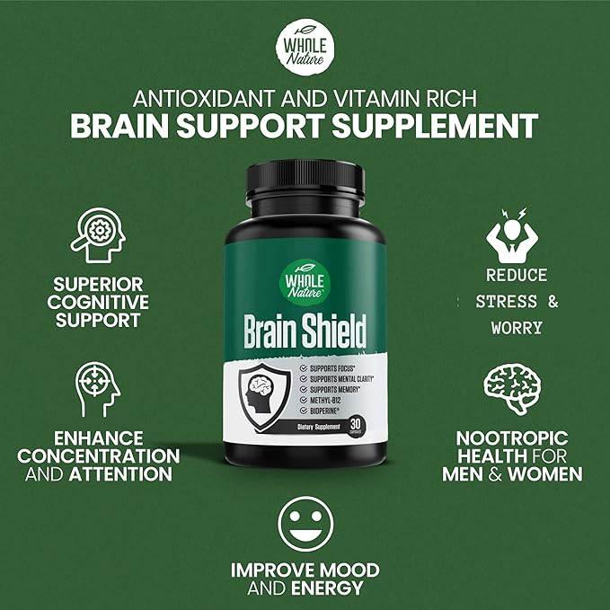 Brain Booster Nootropics - Brain Shield with Ginkgo Biloba Alpha GPC and Bacopa Monnieri Vitamin B12 B3 - Support Focus Memory &amp Clarity Energy &amp Stress Relief. (1)