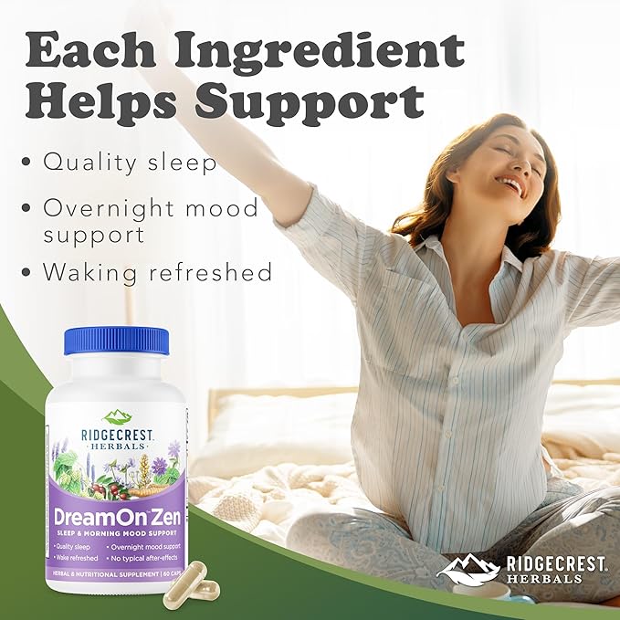 Ridgecrest Herbals DreamOn Zen Sleep Support Supplement Melatonin Free Magnesium 5-HTP Lavender Chamomile Valerian Lemon Balm for Adults and Children 12+ (60 Caps 30 Serv)