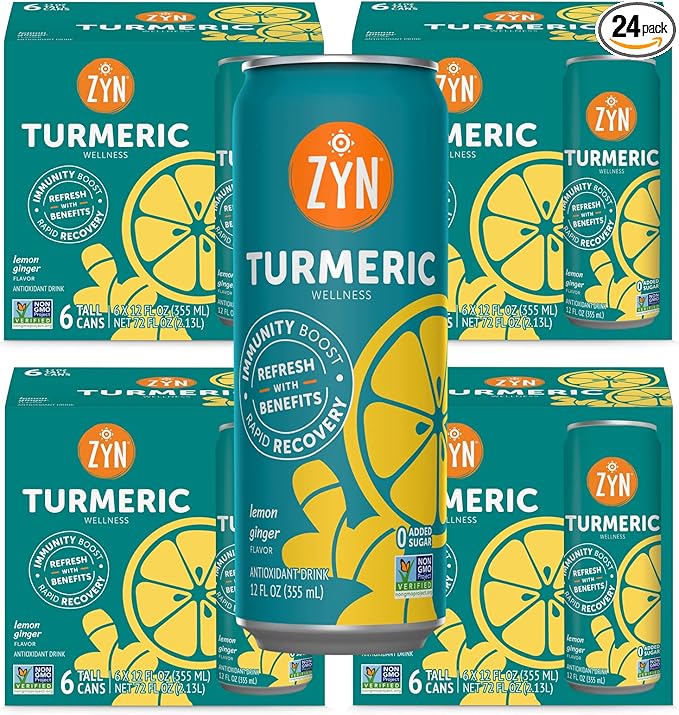 ZYN Turmeric Wellness Drink (24 Pack) Lemon Ginger Flavored Turmeric Curcumin with Black Pepper No Added Sugar Low Carb &amp Low Calorie Clean Alternative