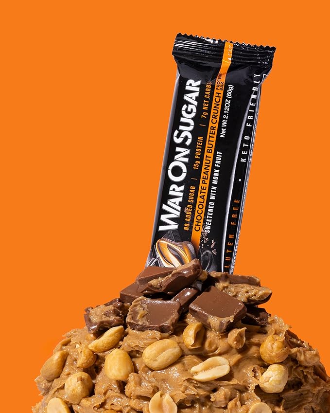War on Sugar Chocolate Peanut Butter Crunch - High Protein Bars No Sugar Added 15g Protein 7g Net Carbs Keto Friendly Gluten Free All-Natural Ingredients Monk Fruit Sweetened No Crash - 12 Cou