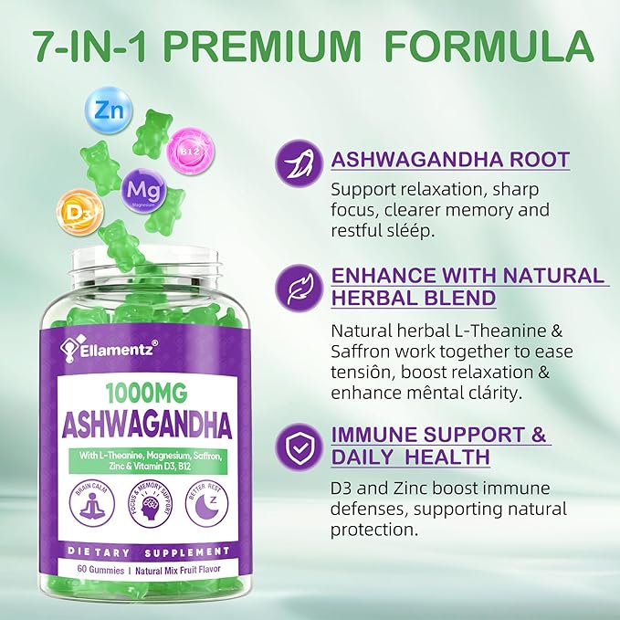 Ashwagandha Gummies 1000mg with L-Theanine &amp Magnesium - Natural Calm Gummies with Vitamin D3 B12 &amp Zinc Support Relaxation Daily Mo♡d Balance Night Rest Sugar Free120 Counts