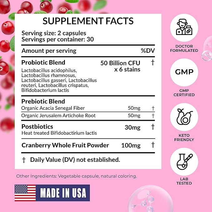 Women’s Probiotic for Vaginal Health | 50 Billion CFU with Probiotics Prebiotic Postbiotics &amp Cranberry for pH Balance UTI Support Yeast Gut Health Odor Dryness &amp Feminine Comfort