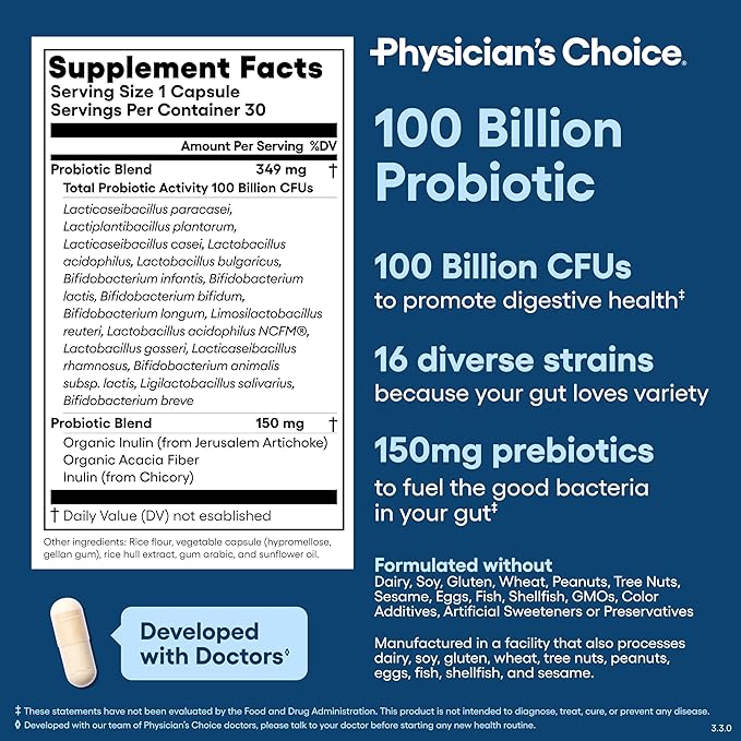 Physician's Choice 100 Billion Probiotic 30 Count + Easy Mix Fiber Bundle