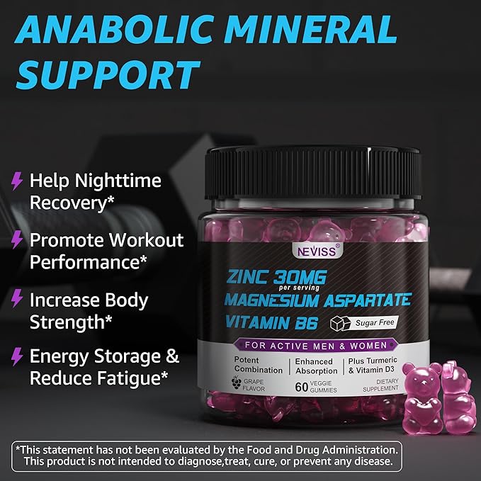 Zinc and Magnesium Supplement Zinc Magnesium Aspartate Post Workout Gummies for Men Women with Vitamin B6 B12 D3 Turmeric for Nighttime Recovery Reduce Fatigue Boost Immunity &amp Sleep 120 C