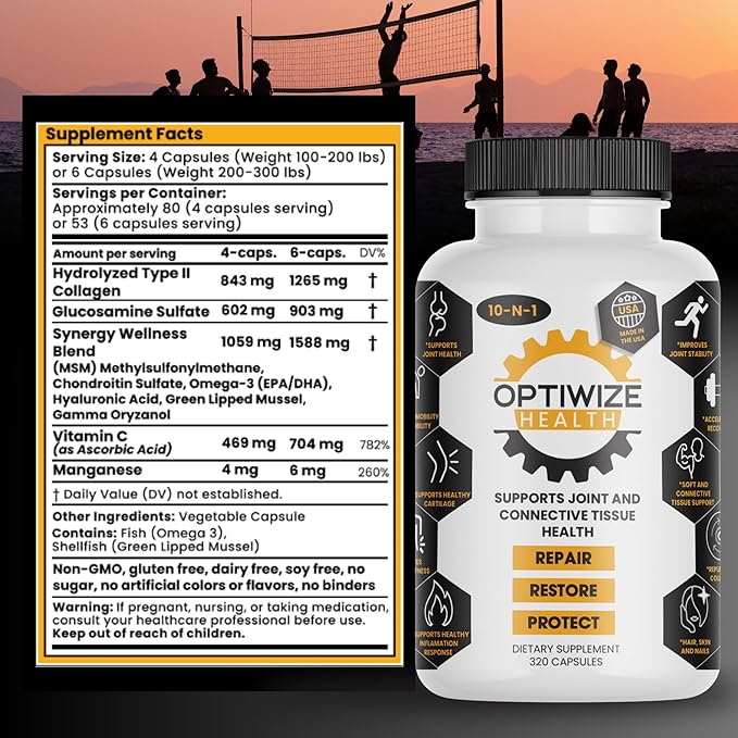 10-N-1 Joint Support Hydrolyzed CollagenMSM Hyaluronic Acid GlucosamineChondroitin &amp More- Targets Joint Discomfort Improves Mobility &amp Flexibility 320 Caps for Men &amp Women Made in US