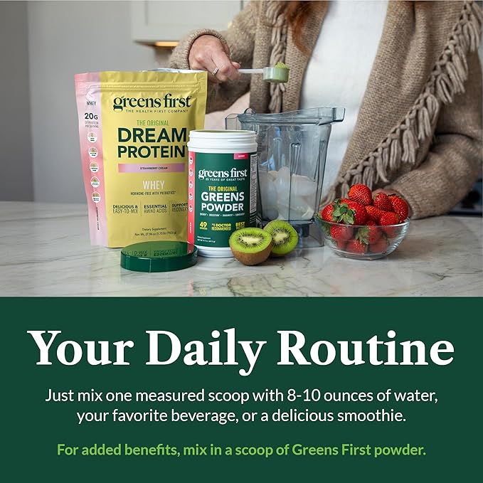 Greens First Dream Protein Powder Whey - 20g Protein Per Serving - Hormone-Free with Prebiotics - Non-GMO - No Artificial Sweeteners/MSG/Aspartame (Strawberry Cream 27.96 oz)