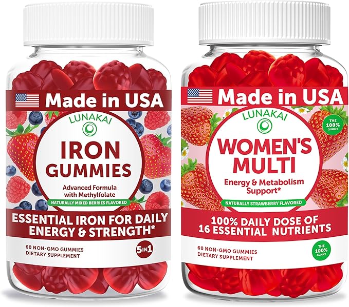 Lunakai USA Made Iron Gummies + Women’s Multivitamin Gummies Bundle – Naturally Flavored Non-GMO – 60ct Each