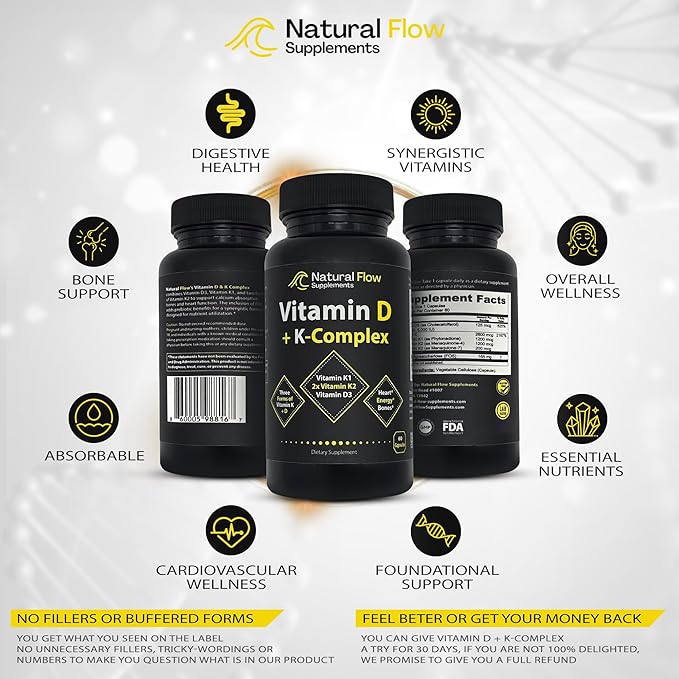 Vitamin D3 with K2 and K1 Supplement - Natural Flow Vitamin D3 and K Complex D3 5000iu with Vitamin K2 MK4 + MK7 and K1 for Bone Heart and Immune Support - 60 Capsules