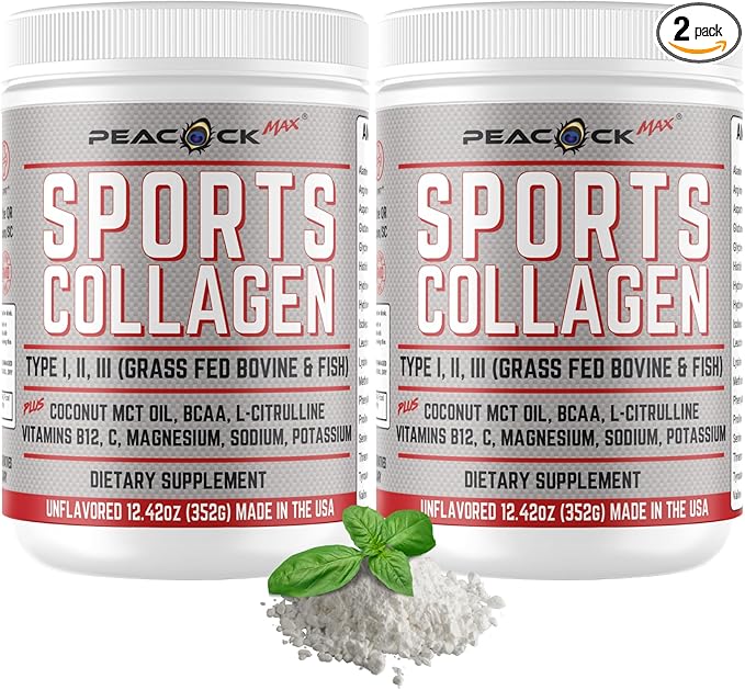 Sports Collagen Powder 12.42 oz Pack of 2 - Grass Fed Bovine &amp Wild Fish Hydrolyzed Type I II III Multi Collagen Peptides Unflavored Protein Powder with BCAA Magnesium &amp Electrolytes