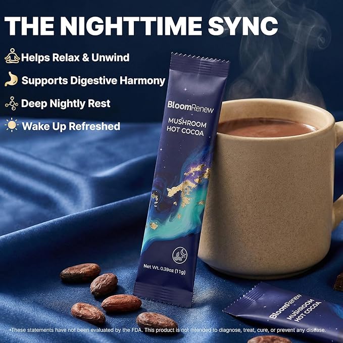 Mushroom Hot Cocoa Natural Sleep Supplement Organic Reishi Melatonin L-Theanine Glycine Cocoa Powder for Deep Sleep &amp Stress Relief Drug Free Keto Friendly Gluten Free 20 Servings