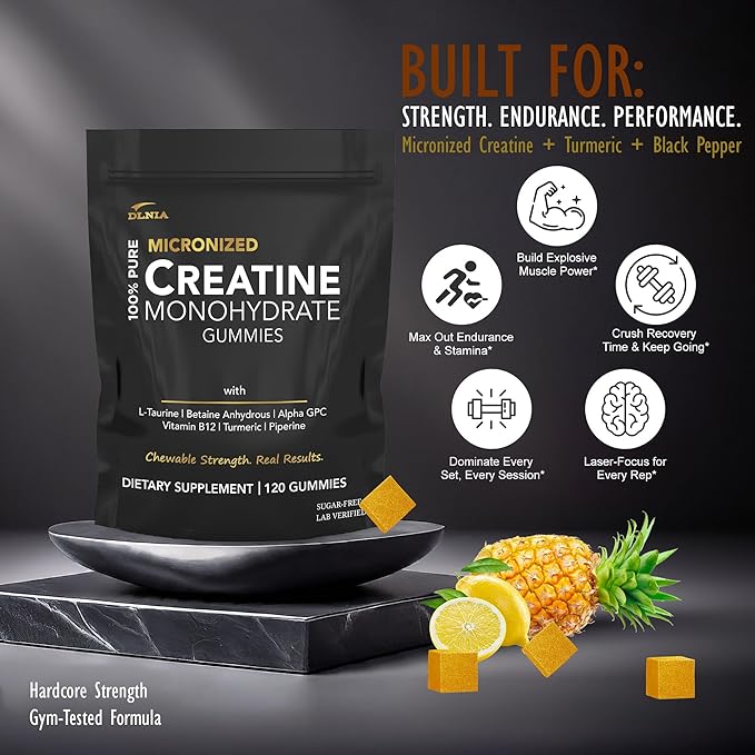 Creatine Monohydrate Gummies for Men &amp Women - Sugar Free &amp Vegan Advanced Formula W/L-Taurine + Vitamin B12 - for Muscle Strength Muscles Builder Recovery (120 Count (Pack of 1) Pineapple)