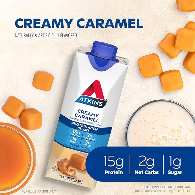 Atkins Energy Shake Creamy Caramel with B Vitamins and Protein Keto-Friendly and Gluten Free 4 Count(Pack of 3) Bundle with Atkins Chai Tea Latte Protein Shake 15g Protein Low Glycemic