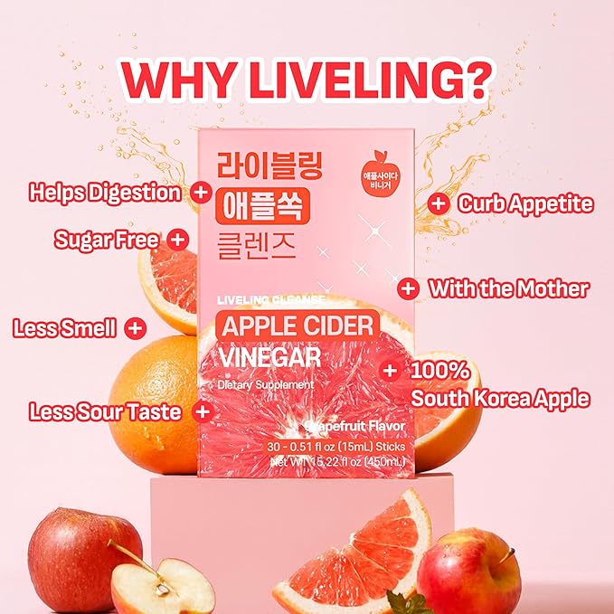 [Liveling] Apple Cider Vinegar Drink Stick &amp 3-in-1 Shot – Grapefruit Flavor | Supports Digestion Daily Cleanse Sugar-Free Low-Calorie Portable On-The-Go Packets (30 sticks)
