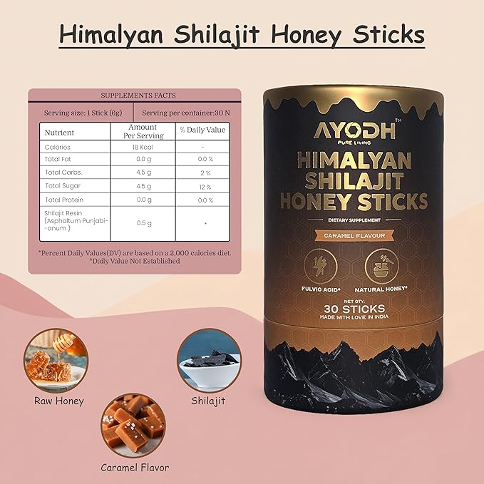 Himalayan Shilajit Honey Sticks with Natural Honey Caramel Flavor – 30 Count 75%+ Fulvic Acid 85+ Trace Minerals Easy Single-Use Energy &amp Immunity Support