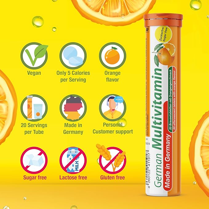 T&ampD German Multivitamin Drink Effervescnet Tablets 140 Servings Orange Flavour - Vitamin C E B1 B2 B6 B12 Biotin Folic Acid Niacin Pantothenic Acid Pharma – Made in Germany