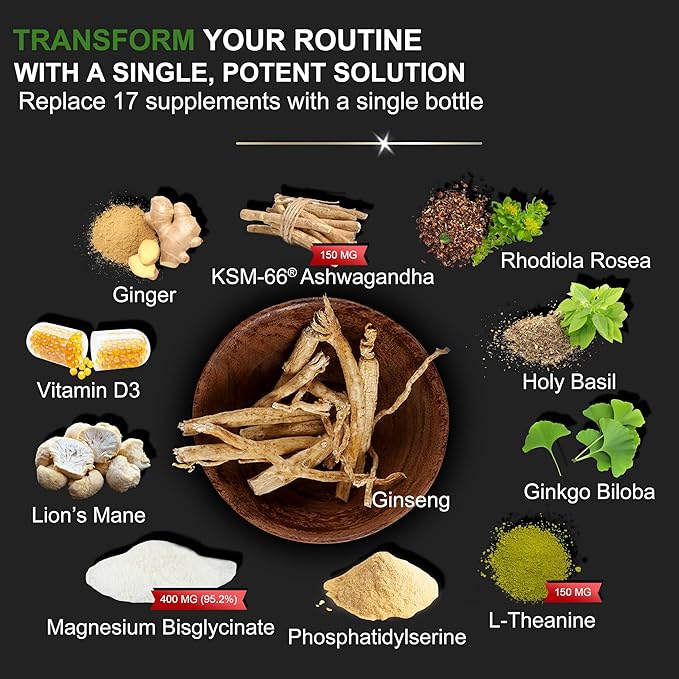 Super Calm Cortisol Supplement with Magnesium Glycinate Ashwagandha KSM-66 L-Theanine Phosphatidylserine Ginkgo Biloba &amp Lions Mane for Calm Focus Mental Clarity Relaxation Sleep Energy