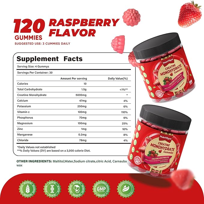 Creatine Monohydrate Gummies 5g for Men &amp Women Preworkout Gummy with ElectrolyteTaurine for Muscle Growth Strength &amp Energy Support Strawberry 120 pcs