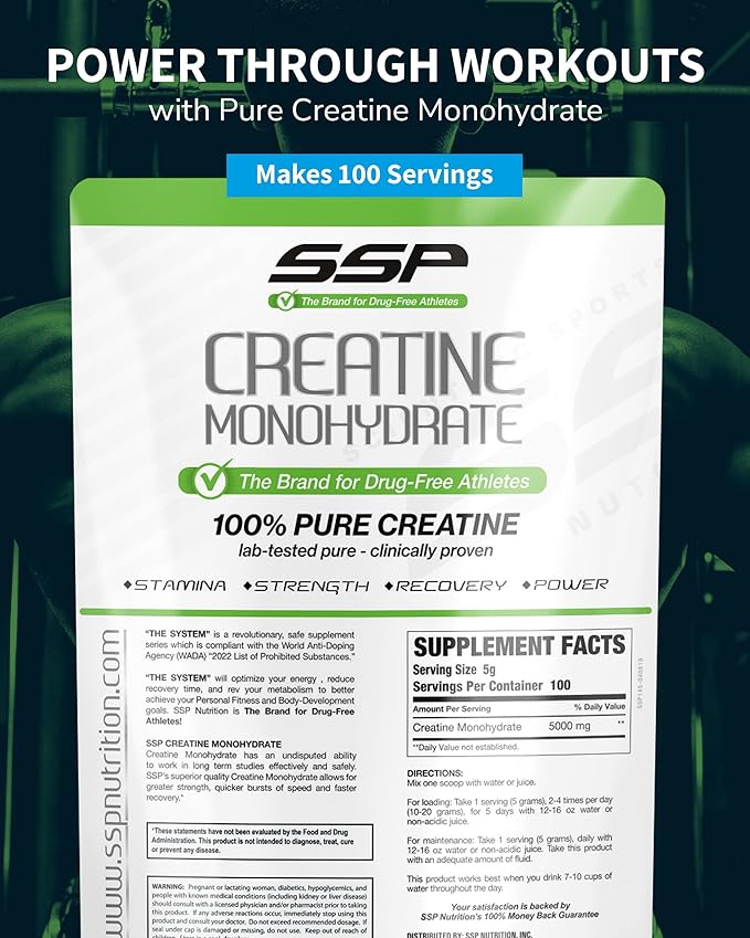 SSP Creatine Monohydrate - Unflavored Supplement for Hydration Recovery &amp Muscle Support - Workout &amp Fitness Nutrition for Women &amp Men - 100% Pure Creatine